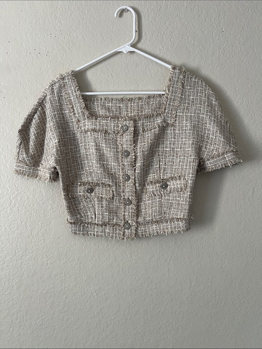 EUC HAE BY HAEKIM Cropped Tweed Button-Front Top Cotton Blend Beige S